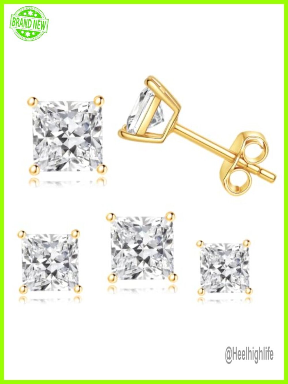 14K Gold Plated 925 Silver CZ Stud Earrings Set Hypoallergenic 3 Pairs
